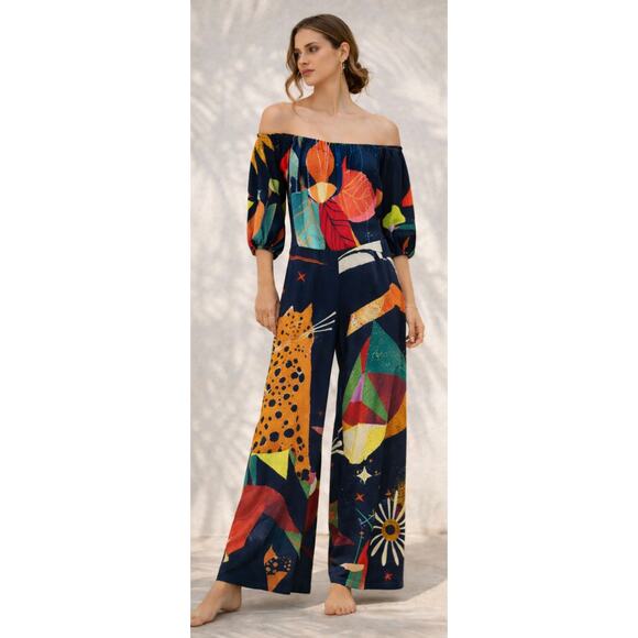 FARM Rio Pants - Farm Rio Anthropologie Jumpsuit XS Petite Off Shoulder Wide Leg